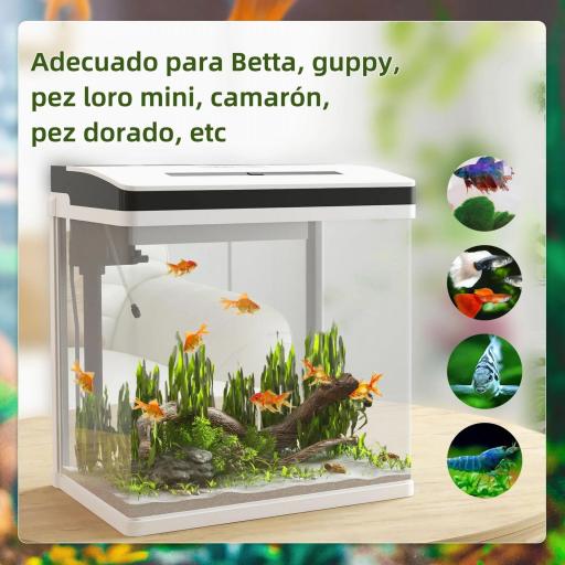 Acuario de Cristal de 28L Pecera Pequeña con Sistema de Filtro Iluminación LED Bomba de Agua 38x26x39,5 cm Blanco [3]