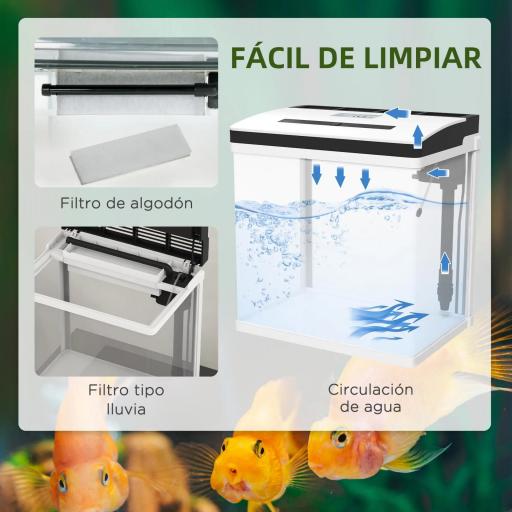 Acuario de Cristal de 28L Pecera Pequeña con Sistema de Filtro Iluminación LED Bomba de Agua 38x26x39,5 cm Blanco [2]