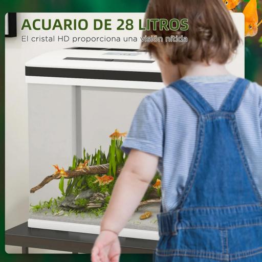 Acuario de Cristal de 28L Pecera Pequeña con Sistema de Filtro Iluminación LED Bomba de Agua 38x26x39,5 cm Blanco [4]