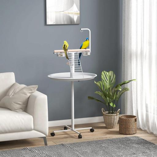 Comedero para Pájaros de Pie Ø60x138 cm con 4 Ruedas 2 Cuenco de Acero Inoxidable y 2 Perchas Blanco