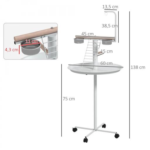 Comedero para Pájaros de Pie Ø60x138 cm con 4 Ruedas 2 Cuenco de Acero Inoxidable y 2 Perchas Blanco [1]