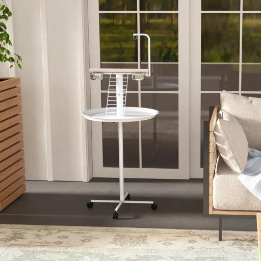 Comedero para Pájaros de Pie Ø60x138 cm con 4 Ruedas 2 Cuenco de Acero Inoxidable y 2 Perchas Blanco [6]