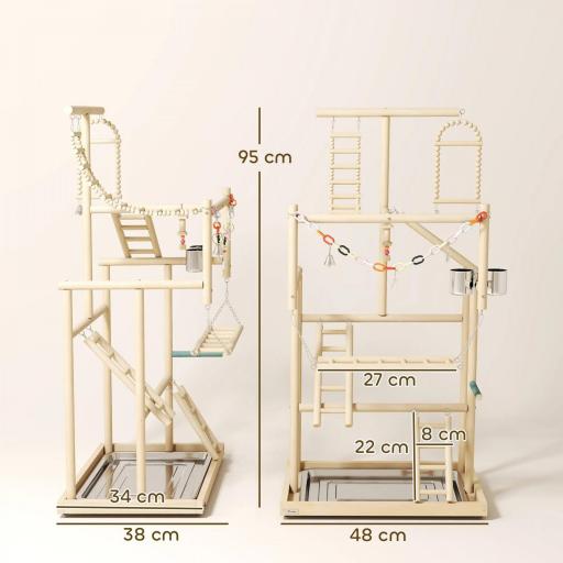 Parque de Juegos para Pájaros Soporte de Madera para Pájaros con Escaleras Columpio Cadena Bandeja Comederos [1]