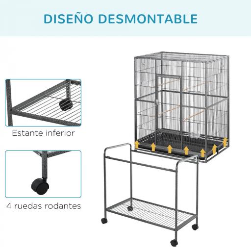 Jaula para Pájaros con Ruedas Pajarera Metálica con Perchas Comederos y Estante 81x48x162,5 cm Negro y Gris [3]