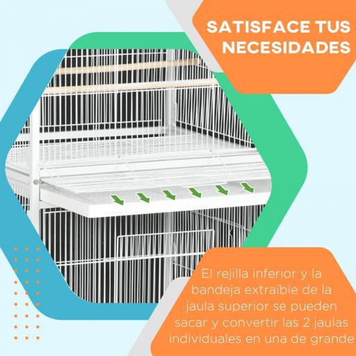 Jaula para Pájaros Grande de 2 Pisos Convertible en Sola Jaula con Ruedas Comederos 4 Perchas 78x75x168 cm Blanco [3]