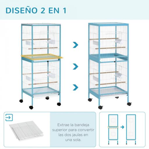 Jaula para Pájaros de 2 Niveles con Ruedas Bandejas Extraíbles Puertas Comederos Perchas 51,5x50x140 cm Azul [2]