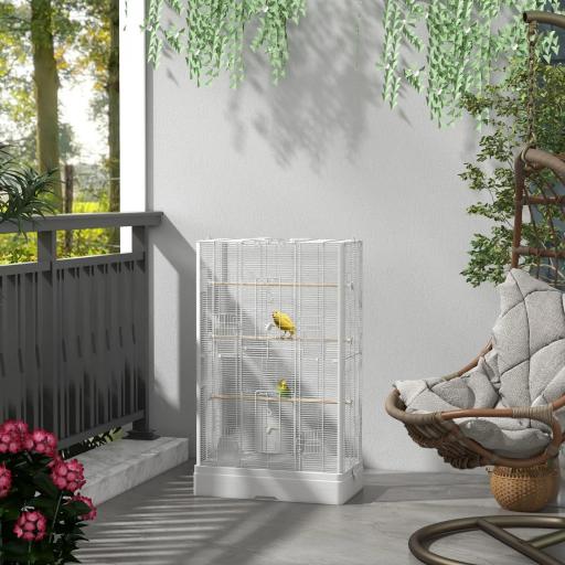 Jaula para Pájaros 61x36,5x98 cm con 8 Puertas 5 Perchas Bandeja Extraíble y 4 Comederos para Periquitos Pinzones Blanco