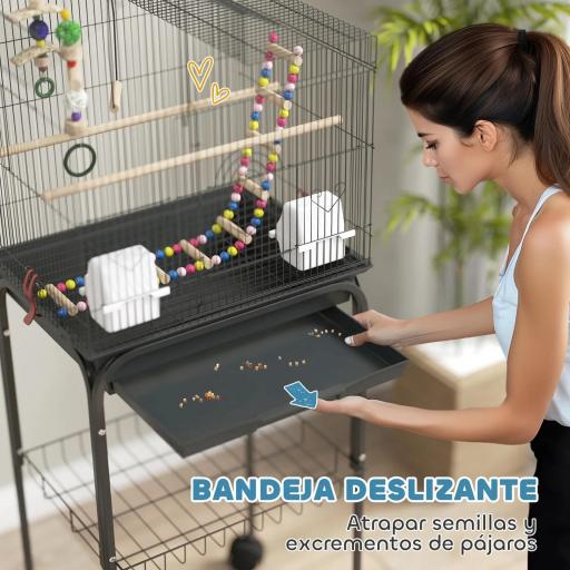 Pajarera con Ruedas Múltiples Puertas 2 Comederos 2 Perchas Columpio Escaleras y Bandeja Extraíble 46x36x120 cm Negro [3]