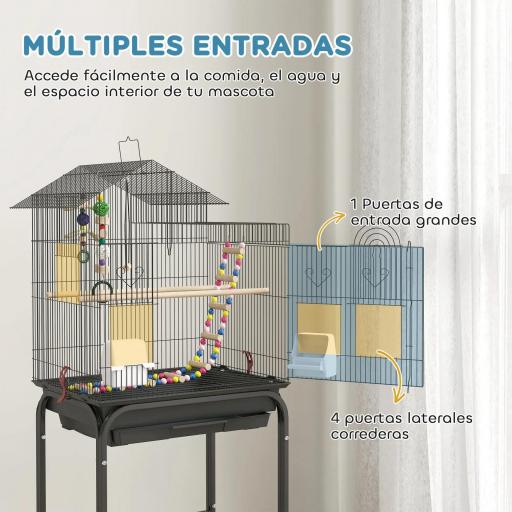 Pajarera con Ruedas Múltiples Puertas 2 Comederos 2 Perchas Columpio Escaleras y Bandeja Extraíble 46x36x120 cm Negro [5]