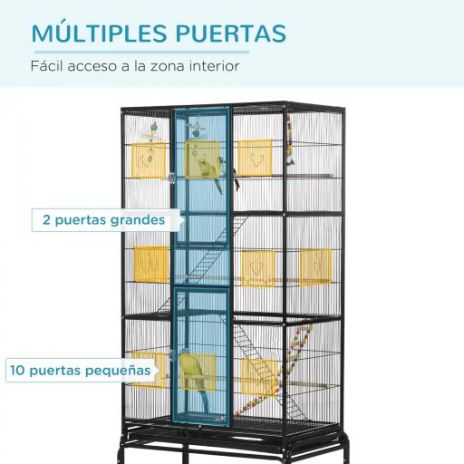 Jaula para Pájaros con Ruedas 83x53x180 cm Pajarera Metálica de 3 Niveles con 3 Perchas Comederos Juguetes Rampas Negro [2]