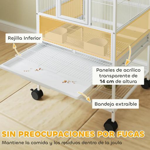 Jaula para Pájaros de 2 Niveles con Paneles Acrílicos Comederos Perchas Ruedas y Estante Inferior 48x46x134,5 cm Blanco [2]