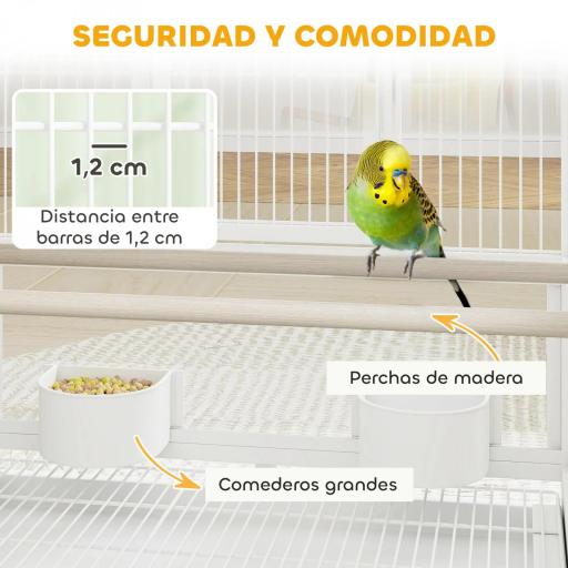 Jaula para Pájaros de 2 Niveles con Paneles Acrílicos Comederos Perchas Ruedas y Estante Inferior 48x46x134,5 cm Blanco [6]