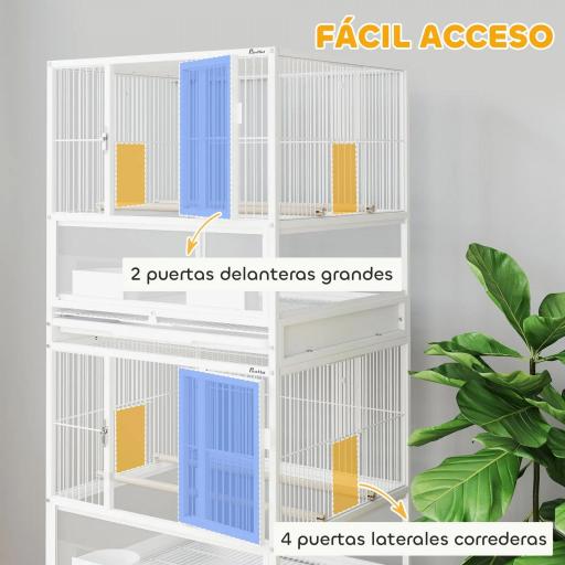Jaula para Pájaros de 2 Niveles con Paneles Acrílicos Comederos Perchas Ruedas y Estante Inferior 48x46x134,5 cm Blanco [4]