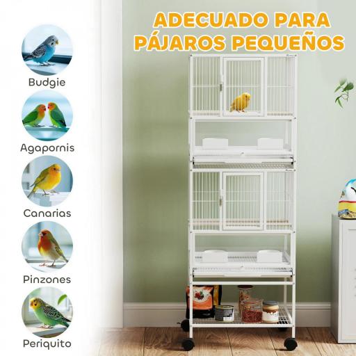 Jaula para Pájaros de 2 Niveles con Paneles Acrílicos Comederos Perchas Ruedas y Estante Inferior 48x46x134,5 cm Blanco [5]