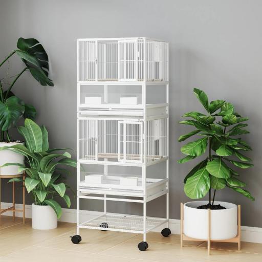 Jaula para Pájaros de 2 Niveles con Paneles Acrílicos Comederos Perchas Ruedas y Estante Inferior 48x46x134,5 cm Blanco [7]