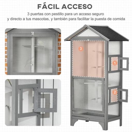 Jaula para Pájaros de Madera con 3 Puertas 4 Perchas Bandeja Extraíble y Techo Asfáltico 80,5x57x153 cm Gris Claro [2]