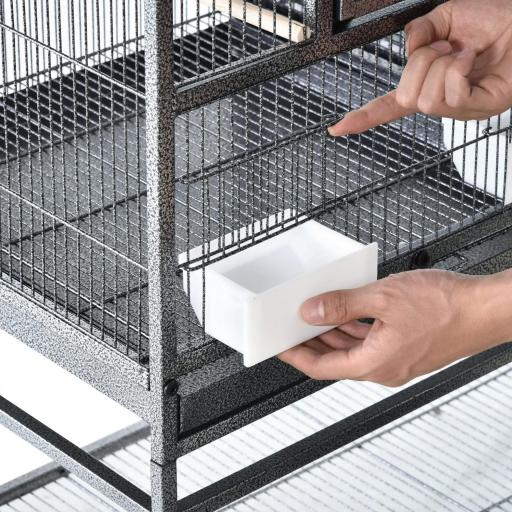 Jaula para Pájaros con Ruedas Pajarera Doble con 2 Bandejas Múltiples Puertas 4 Comederos 4 Perchas 95x45,5x102 cm Gris [7]