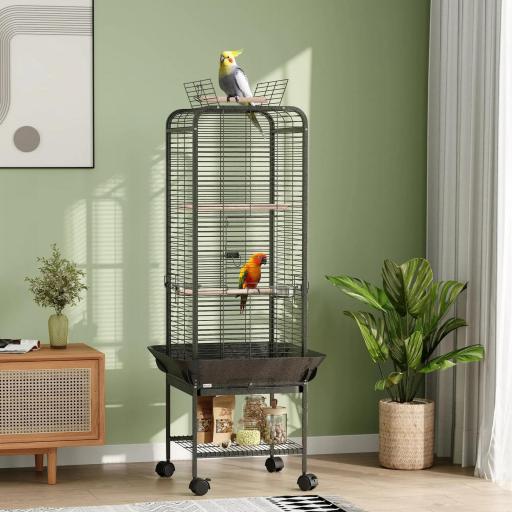 Jaula para Loros con Ruedas Perchas Comederos Estante y Bandeja Extraíble 62,5x62,5x146 cm Gris Oscuro