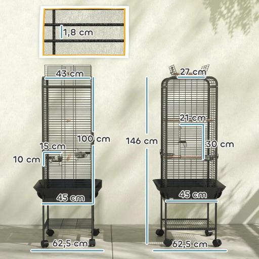 Jaula para Loros con Ruedas Perchas Comederos Estante y Bandeja Extraíble 62,5x62,5x146 cm Gris Oscuro [7]