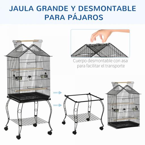 Jaula de Pájaros con Soporte Ruedas Bandeja Extraíble y Comederos para Canarios Periquitos 50x58x137-145 cm Negro [2]