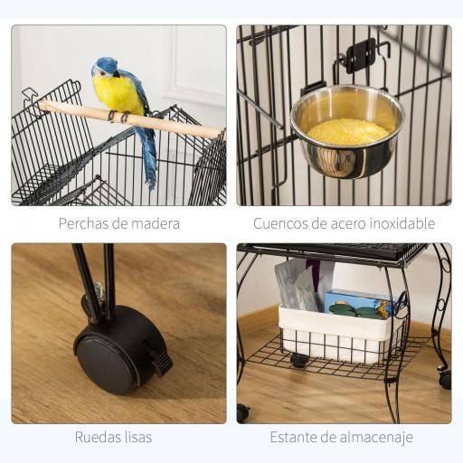 Jaula de Pájaros con Soporte Ruedas Bandeja Extraíble y Comederos para Canarios Periquitos 50x58x137-145 cm Negro [3]