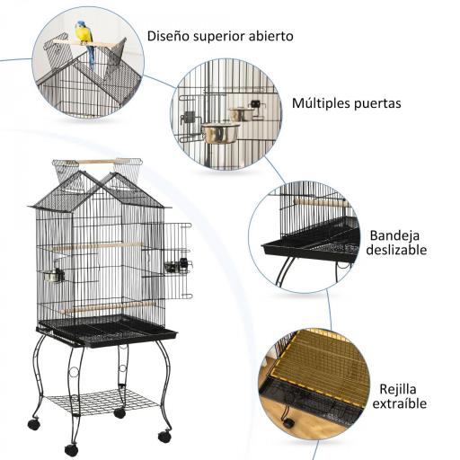 Jaula de Pájaros con Soporte Ruedas Bandeja Extraíble y Comederos para Canarios Periquitos 50x58x137-145 cm Negro [5]