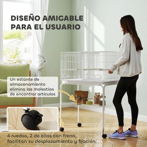 Jaula para Pájaros con Divisor Comederos Bandeja Extraíble y Soporte para Canarios y Periquitos 76x46x46/116 cm Blanco [5]