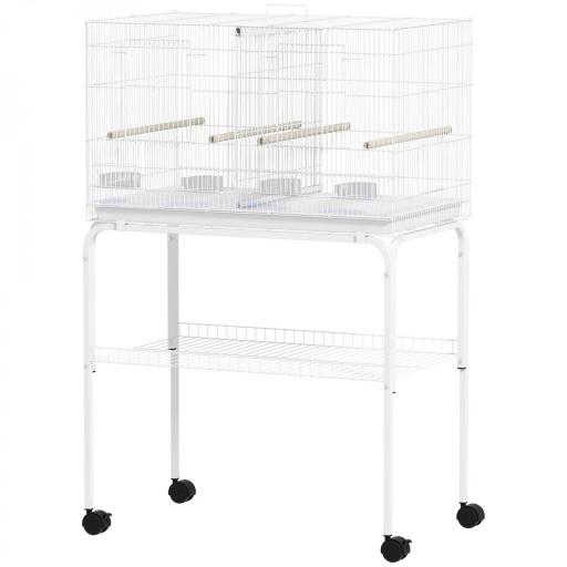 Jaula para Pájaros con Divisor Comederos Bandeja Extraíble y Soporte para Canarios y Periquitos 76x46x46/116 cm Blanco [9]