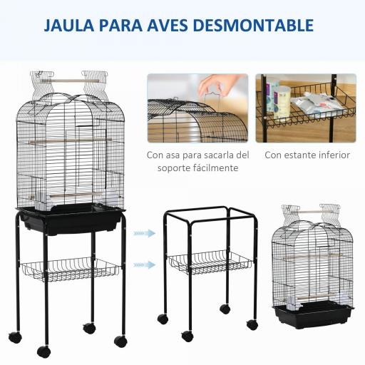 Jaula para Pájaros con Soporte Jaula de Aves Canarios con 4 Ruedas Techo Abrible 2 Comederos 3 Perchas Bandeja Extraíble y Estante Inferior 46x36x130 cm Negro [2]