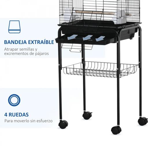 Jaula para Pájaros con Soporte Jaula de Aves Canarios con 4 Ruedas Techo Abrible 2 Comederos 3 Perchas Bandeja Extraíble y Estante Inferior 46x36x130 cm Negro [6]