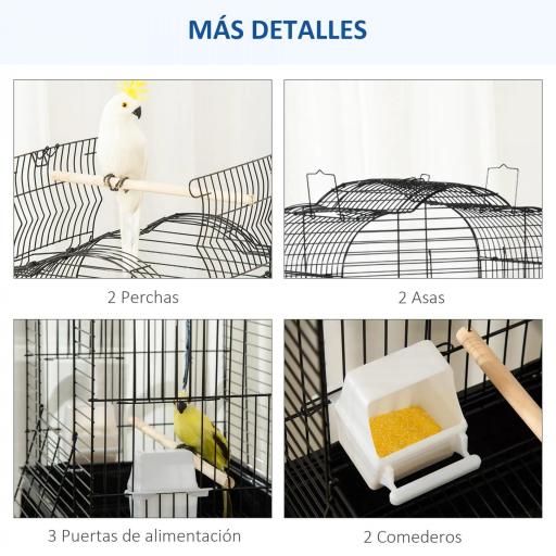 Jaula para Pájaros con Soporte Jaula de Aves Canarios con 4 Ruedas Techo Abrible 2 Comederos 3 Perchas Bandeja Extraíble y Estante Inferior 46x36x130 cm Negro [3]