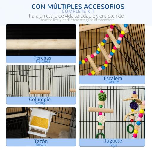 Jaula para Pájaros Pajarera con Múltiples Puertas 4 Comederos 3 Perchas Columpio Escaleras y Bandeja Extraíble para Loros Canarios Periquitos 46x36x100 cm Negro [5]