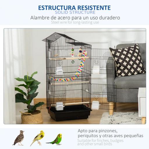 Jaula para Pájaros Pajarera con Múltiples Puertas 4 Comederos 3 Perchas Columpio Escaleras y Bandeja Extraíble para Loros Canarios Periquitos 46x36x100 cm Negro [6]