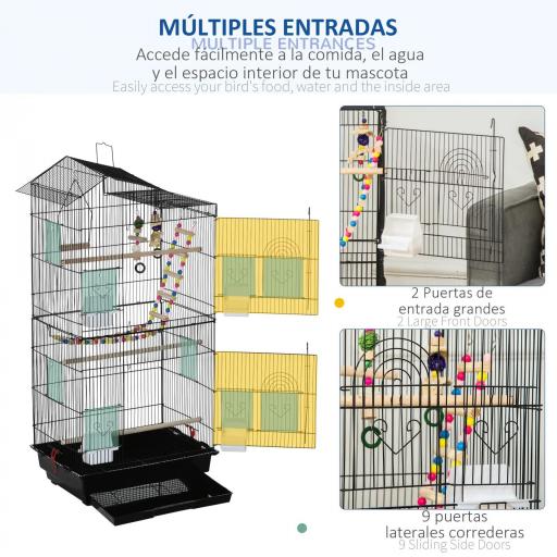 Jaula para Pájaros Pajarera con Múltiples Puertas 4 Comederos 3 Perchas Columpio Escaleras y Bandeja Extraíble para Loros Canarios Periquitos 46x36x100 cm Negro [2]
