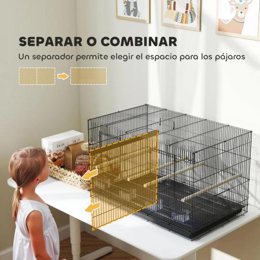 Jaula para Pájaros con Divisor 4 Comederos 4 Perchas Bandeja Extraíble para Loros Canarios Periquitos 76x46x46 cm Negro [3]