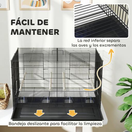 Jaula para Pájaros con Divisor 4 Comederos 4 Perchas Bandeja Extraíble para Loros Canarios Periquitos 76x46x46 cm Negro [2]