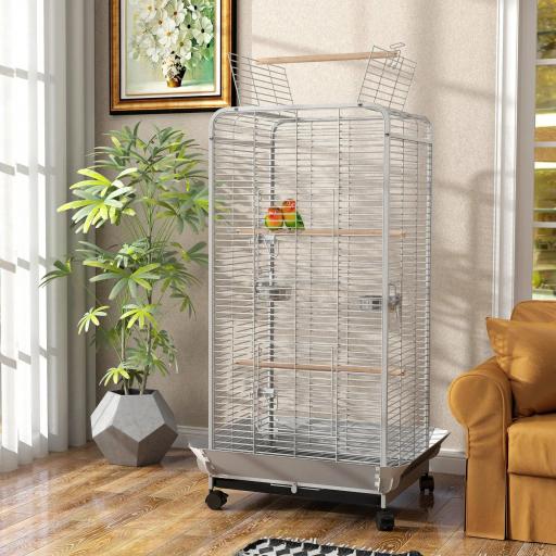 Jaula para Loros con Ruedas Perchas Comederos y Bandeja Extraíble Pajarera para Cacatúas Cotorras 79x73x146cm Gris Claro