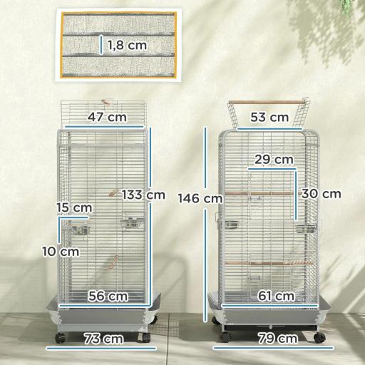 Jaula para Loros con Ruedas Perchas Comederos y Bandeja Extraíble Pajarera para Cacatúas Cotorras 79x73x146cm Gris Claro [1]