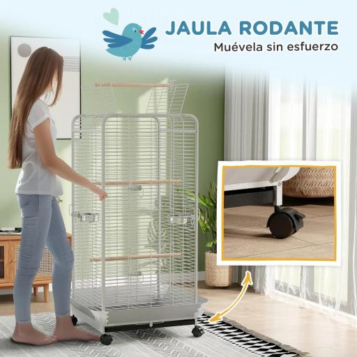 Jaula para Loros con Ruedas Perchas Comederos y Bandeja Extraíble Pajarera para Cacatúas Cotorras 79x73x146cm Gris Claro [5]