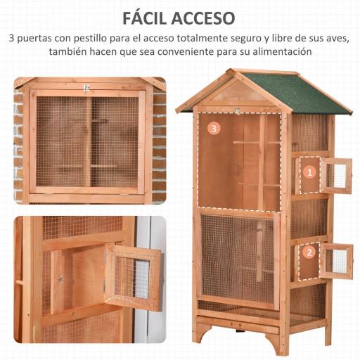 Jaula para Pájaros de Madera con 3 Puertas 4 Perchas Bandeja Extraíble y Techo Asfáltico 80,5x57x153 cm Natural [4]