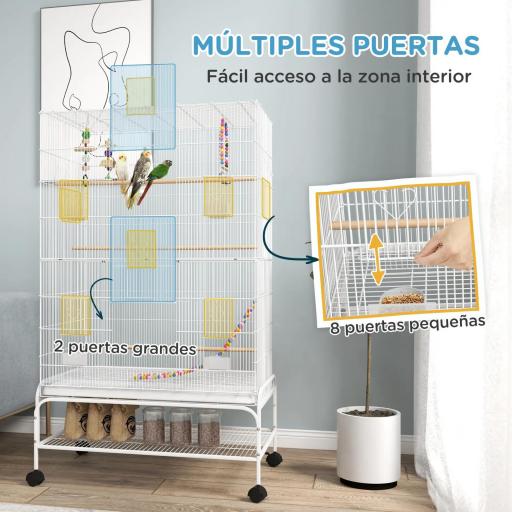 Jaula para Pájaros con Ruedas Bandeja Extraíble Puertas Comederos Perchas y Estante Inferior 79x49x133 cm Blanco [6]
