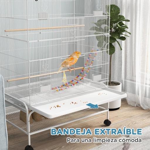 Jaula para Pájaros con Ruedas Bandeja Extraíble Puertas Comederos Perchas y Estante Inferior 79x49x133 cm Blanco [4]