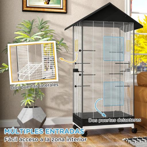 Jaula para Pájaros con Ruedas Pajarera Metálica con Bandeja Extraíble Puertas 79x65x155 cm Negro [2]