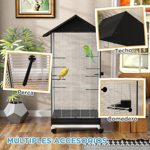 Jaula para Pájaros con Ruedas Pajarera Metálica con Bandeja Extraíble Puertas 79x65x155 cm Negro [6]