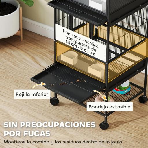 Jaula para Pájaros de 2 Niveles con Paneles Acrílicos Comederos Perchas Ruedas y Estante Inferior 48x46x134,5 cm Negro [4]