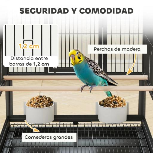 Jaula para Pájaros de 2 Niveles con Paneles Acrílicos Comederos Perchas Ruedas y Estante Inferior 48x46x134,5 cm Negro [5]