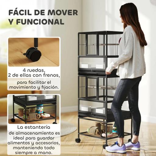 Jaula para Pájaros de 2 Niveles con Paneles Acrílicos Comederos Perchas Ruedas y Estante Inferior 48x46x134,5 cm Negro [2]
