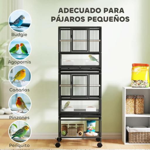 Jaula para Pájaros de 2 Niveles con Paneles Acrílicos Comederos Perchas Ruedas y Estante Inferior 48x46x134,5 cm Negro [6]