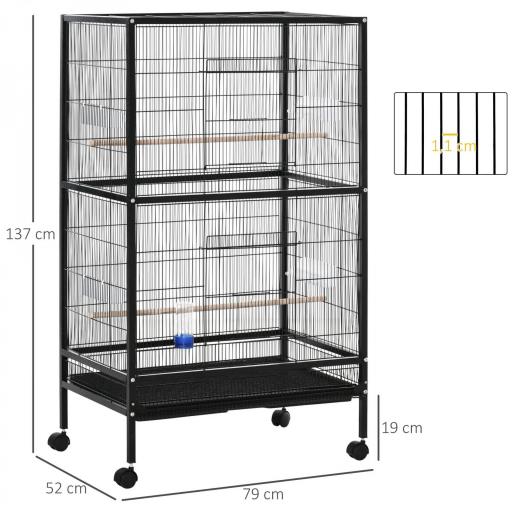 Jaula para Pájaros con 4 Ruedas Pajarera Metálica con Múltiples Puertas 4 Comederos Bebedero 2 Perchas 79x52x137cm Negro [1]