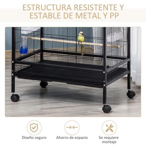 Jaula para Pájaros con 4 Ruedas Pajarera Metálica con Múltiples Puertas 4 Comederos Bebedero 2 Perchas 79x52x137cm Negro [4]